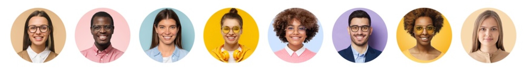 Collage of portrait and face of group of young diverse people for profile picture