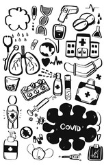 Covid-19 lungs virus vector hand drawn doodles over white background