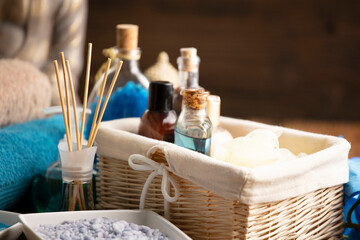 Spa accessories on wooden paneling. Spa treatments.