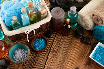 Spa accessories on wooden paneling. Spa treatments.