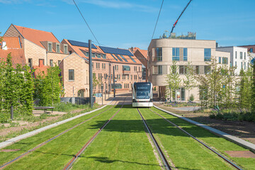 Tracks of the tram or trolley bus on a road with green grass. Electric public transport network in the center city of Odense, Denmark, Europe  - obrazy, fototapety, plakaty
