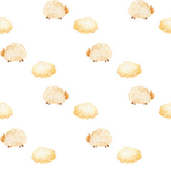 Seamless sweet dreams sheep and clouds animal pattern. Watercolor illustration on white background