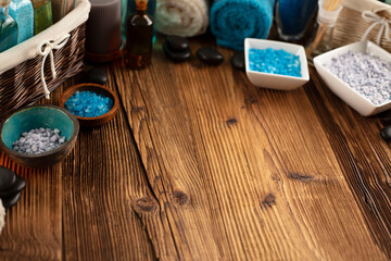 Spa accessories on wooden paneling. Spa treatments.