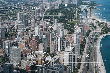 Aerial city panorama, Chicago downtown area and Lake, day time, Illinois, USA. Birds eye view, skyscrapers, financial district. Education concept. Academic research, top ranking universities, hologram