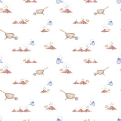 Garden with wheelbarrow, ground, plants and watering can. Watercolor seamless pattern
