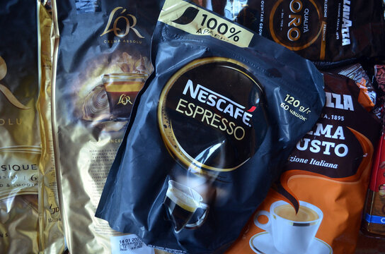 Coffee packages of various brands. Residents of Ukraine are stocking up before a possible famine . The export of food to the EU is becoming threatening. July 16, 2022.Kiev Region, Ukraine