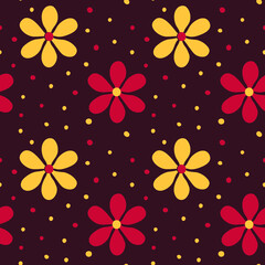 Retro 1970s-style flowers and dots on a brown background. Seamless repeating vector background.