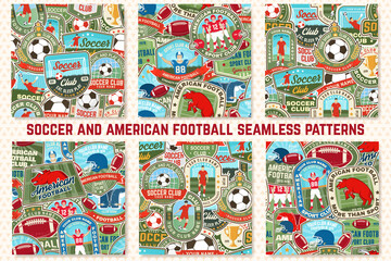 Set of american football and soccer club seamless patterns. Vector illustration. Wallpaper, background with soccer, sportsman player, football goalkeeper, ball, player, gate, helmet, ball, shoulder