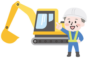 ショベルカーとシニア男性作業員のイラスト 