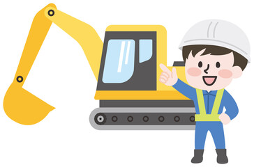 ショベルカーと男性作業員のイラスト 