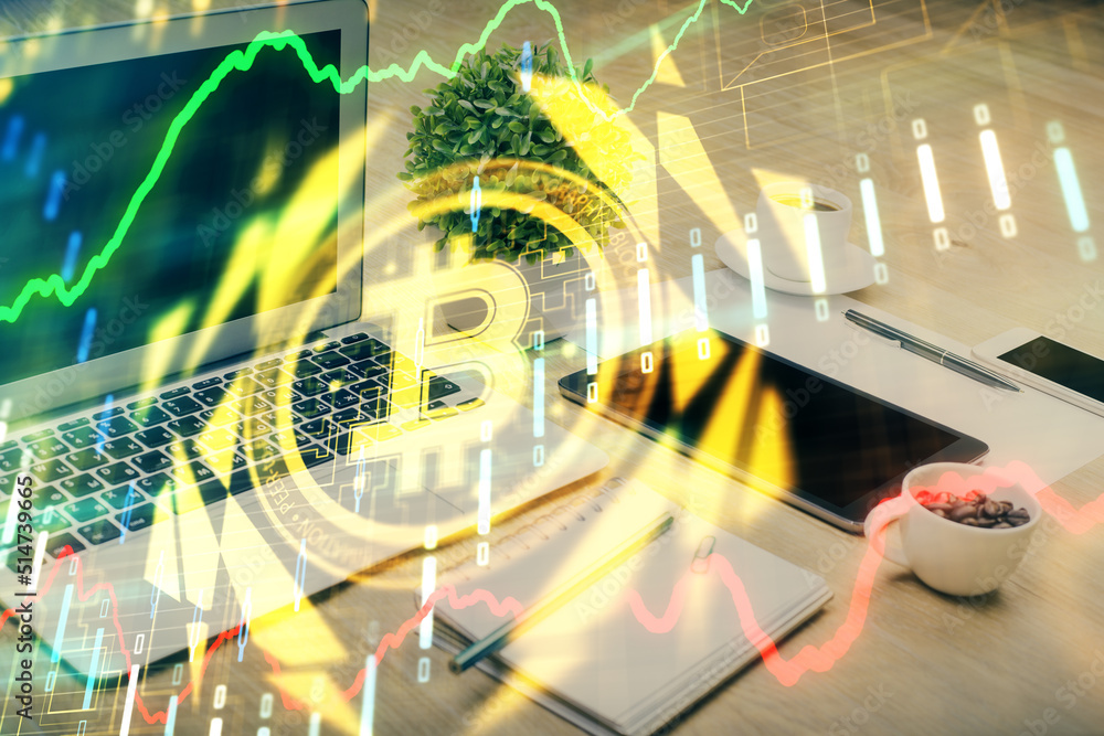 Aufkleber Double exposure of blockchain and crypto economy theme hologram and table with computer background. Concept of bitcoin cryptocurrency.