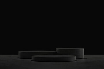 3D Black geometric stage podium. Dark background.