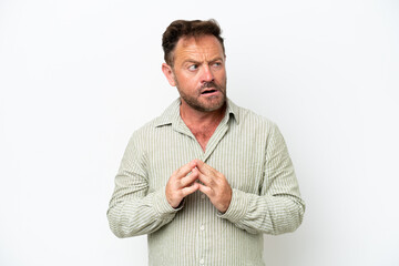 Middle age caucasian man isolated on white background scheming something