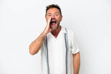 Middle age caucasian man isolated on white background shouting with mouth wide open
