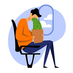 A vector image of a man in the airplane with motion sickness and dizziness. A color image for a travel poster, flyer or article. - 514740090