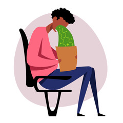 A vector image of a man in the airplane with motion sickness and dizziness. A color image for a travel poster, flyer or article.