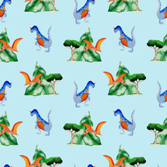 Watercolor dinosaur seamless pattern, perfect to use on the web or in print