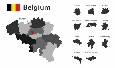 Fototapeta na wymiar Map with city boundaries and the flag of Belgium.