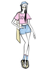 illustration sketch fashion girl full length pose modern style summer look in panama hat glasses and shorts relaxed trend clothing