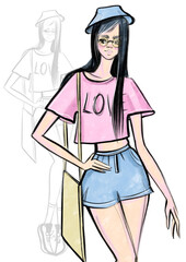 Fototapeta premium fashion illustration portrait of a girl modern style casual image summer pink and blue colors long hair in glasses and panama
