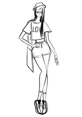 sketch fashion girl in full growth sport style hipster teenager in panama hat glasses and casual clothes contour on white background