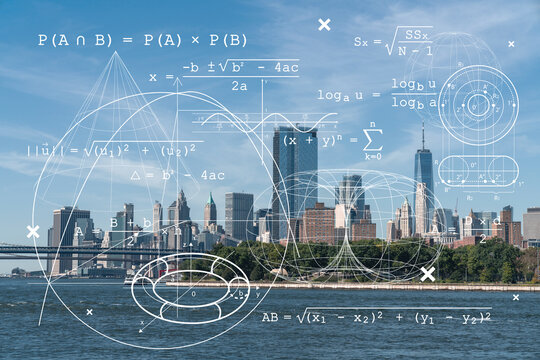 Brooklyn and Manhattan bridges with New York City financial downtown skyline panorama at day time over East River. Technologies, education concept. Academic research, top ranking university, hologram