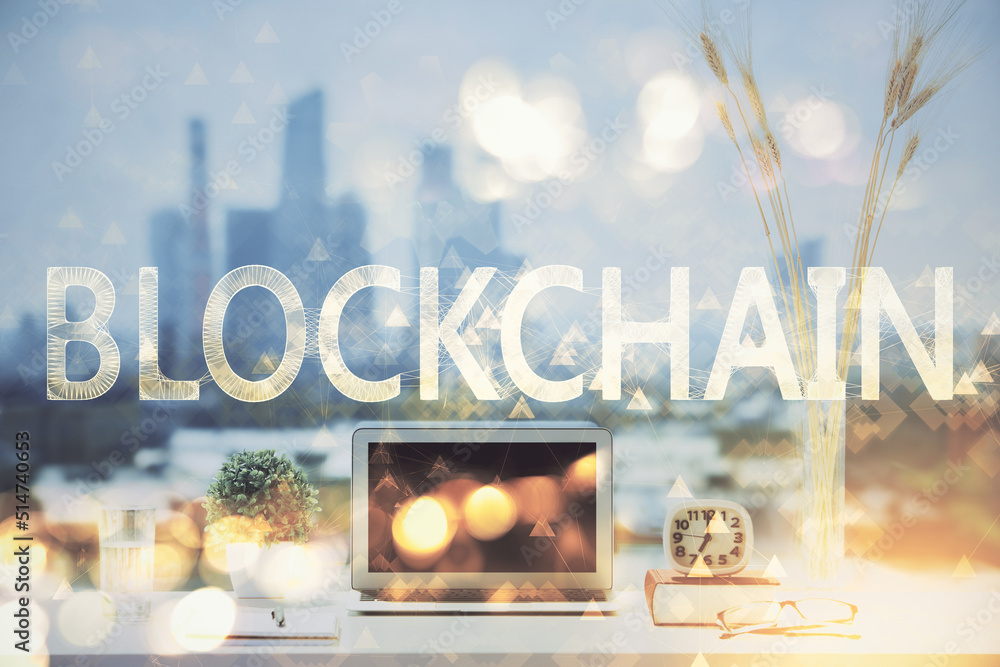Aufkleber Double exposure of blockchain and crypto economy theme hologram and table with computer background. Concept of bitcoin cryptocurrency.