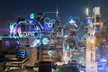 Aerial panoramic cityscape of Philadelphia financial downtown at summer night time, Pennsylvania, USA. GDPR hologram, concept of data protection regulation and privacy for all individuals in EU Area