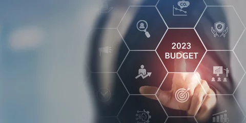 Fotobehang 2023 Budget planning and management concept. Company budget allocation for business or project management. Effective and smart budgeting. Plan, review, approve, allocate, analyze and optimize budgets. © Parradee