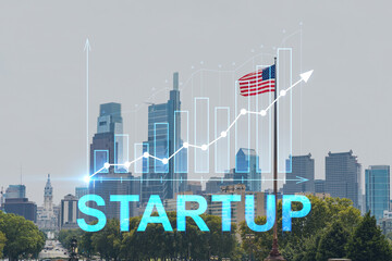 Obraz premium Summer day time cityscape of Philadelphia financial downtown, Pennsylvania, USA. City Hall neighborhood. Startup company, launch project to seek, develop and validate scalable business model, hologram