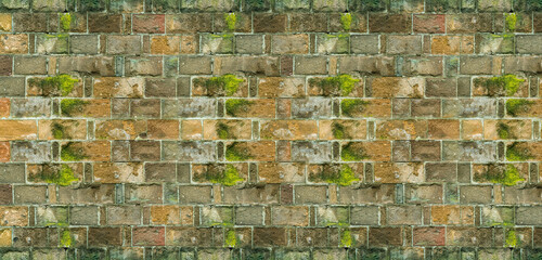 old brick wall covered with green moss, stone wall of an old house