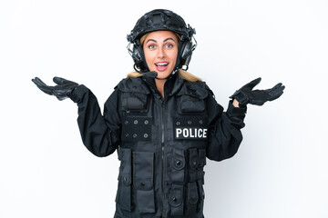 SWAT caucasian woman isolated on white background with shocked facial expression