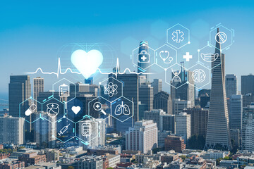 Fototapeta na wymiar San Francisco skyline from Coit Tower to Financial District and residential neighborhoods, California, US. Health care digital medicine hologram. The concept of treatment and disease prevention