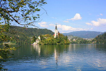 Fototapeta na wymiar Church of the Assumption of the Blessed Virgin on an island on Lake Bled, Slovenia 
