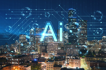 Illuminated aerial cityscape of Seattle, downtown at night time, Washington, USA. Artificial Intelligence concept, hologram. AI, machine learning, neural network, robotics