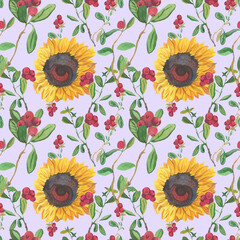 Fototapeta na wymiar Watercolor seamless pattern with yellow sunflowers and red lingonberries on purple background.Repeating,botanical,autumnal hand painted print.Design for textiles,fabric,wrapping paper,printing.