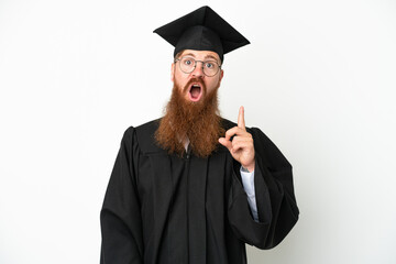 Young university graduate reddish man isolated on white background thinking an idea pointing the finger up