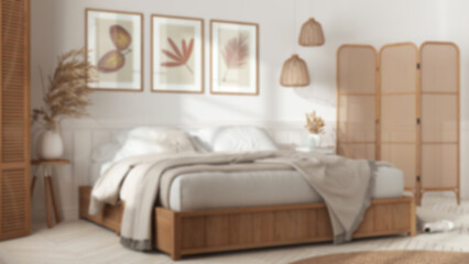 Blurred background, wooden scandinavian bedroom. Double bed with blankets. Wall panel and parquet floor, carpet.Rattan folding screen and lamps. Interior design