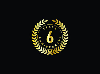 Naklejka premium 6th anniversary celebration with gold glitter color and white background. Vector design for celebrations, invitation cards and greeting cards.