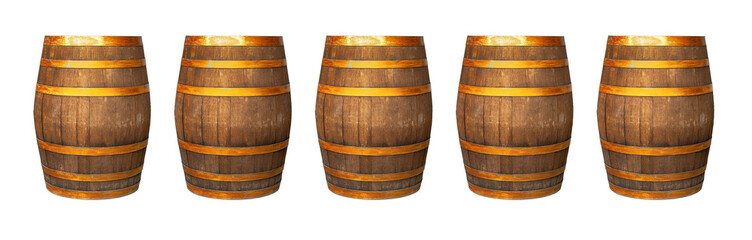 row of oak barrels on an isolated background, used port and whiskey extracts
