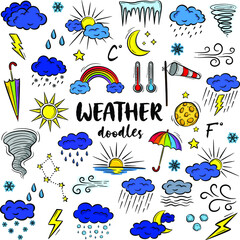 Colorful hand drawn weather icons. Set of doodle elements on white background. Vector illustration in vintage style