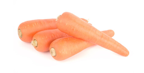 Organic carrots stacked on top of white background.