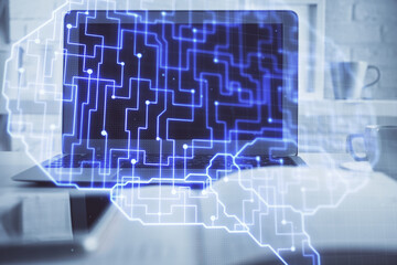 Double exposure of work table with computer and brain sketch hologram. Brainstorming concept.