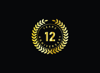 12th anniversary celebration with gold glitter color and white background. Vector design for celebrations, invitation cards and greeting cards.