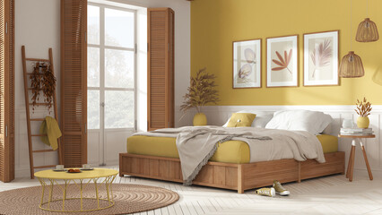 Fototapeta na wymiar Farmhouse modern country bedroom in white and yellow tones. Double bed with blankets. Windows with shutters and parquet floor, carpet and decors. Interior design