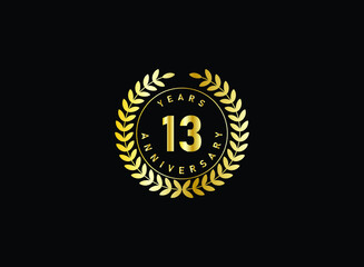 13th anniversary celebration with gold glitter color and white background. Vector design for celebrations, invitation cards and greeting cards.