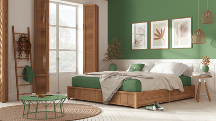 Farmhouse modern country bedroom in white and green tones. Double bed with blankets. Windows with shutters and parquet floor, carpet and decors. Interior design