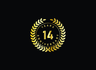 Naklejka premium 14th anniversary celebration with gold glitter color and white background. Vector design for celebrations, invitation cards and greeting cards.