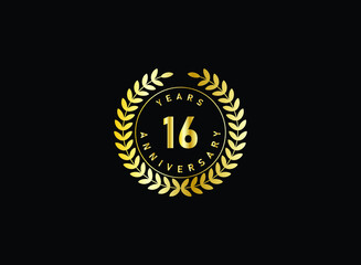 16th anniversary celebration with gold glitter color and white background. Vector design for celebrations, invitation cards and greeting cards.