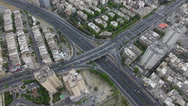 Aerial View Moving From Tehran And The Intersection Of Its Main Streets And Passing Cars